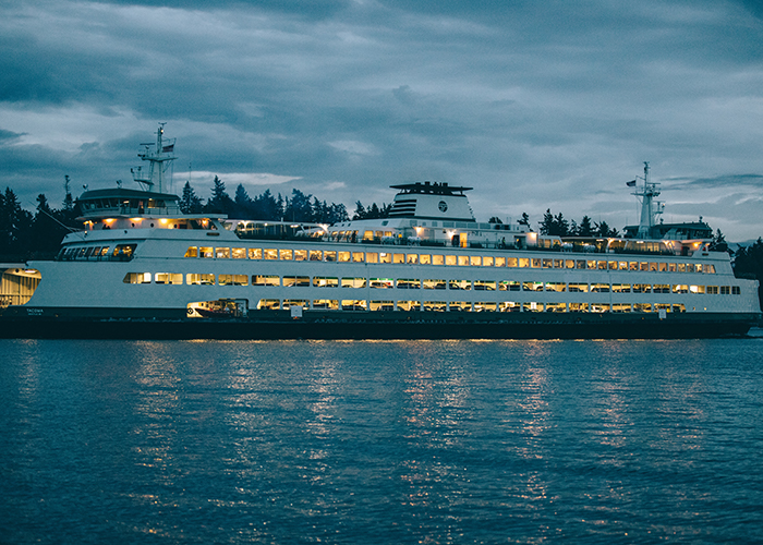Large ferry boat at dusk.