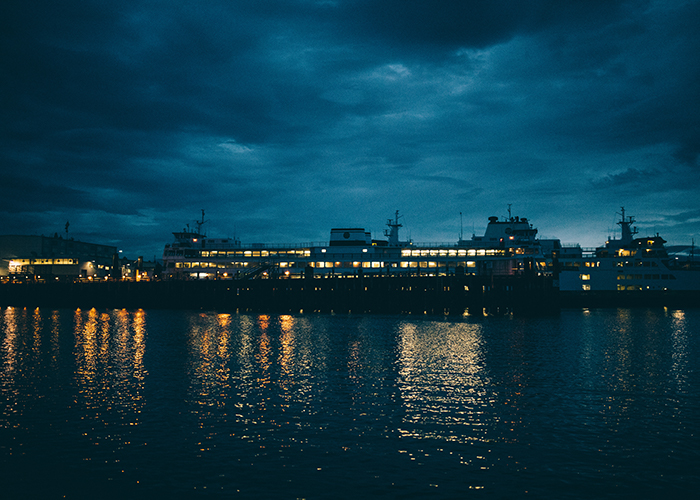 A ferry boat sits in the water, under a gloomy sky.