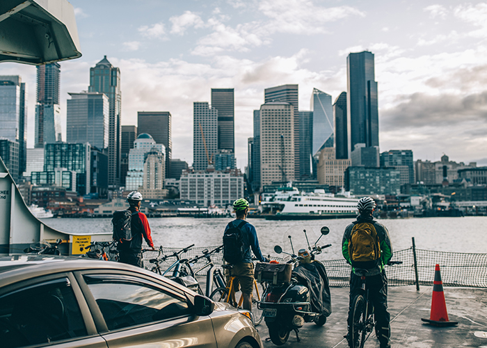 Ferry passengers await their arrival.